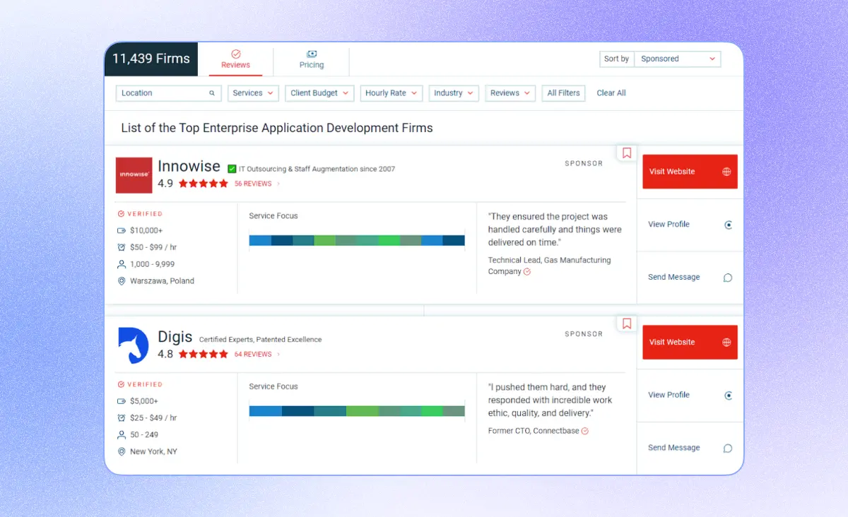 An image shows a list of enterprise software development companies on the Clutch platform. The screenshot indicates that there are 11,439 such companies on the platform. Clutch allows users to filter their search by location, services, budget, hourly rates, industry, reviews, and more to select the best option.